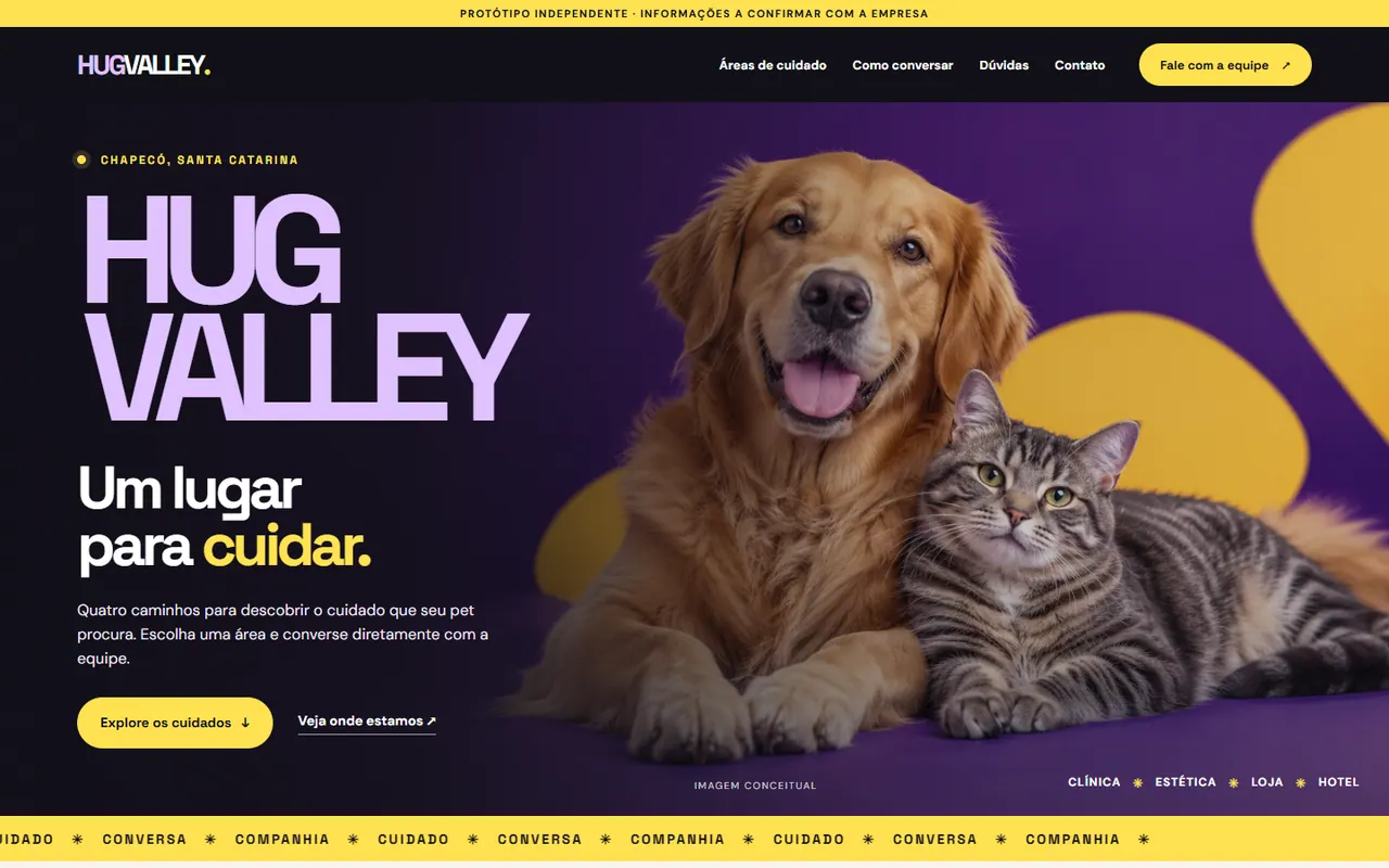Estudo de página para pet shop Hug Valley