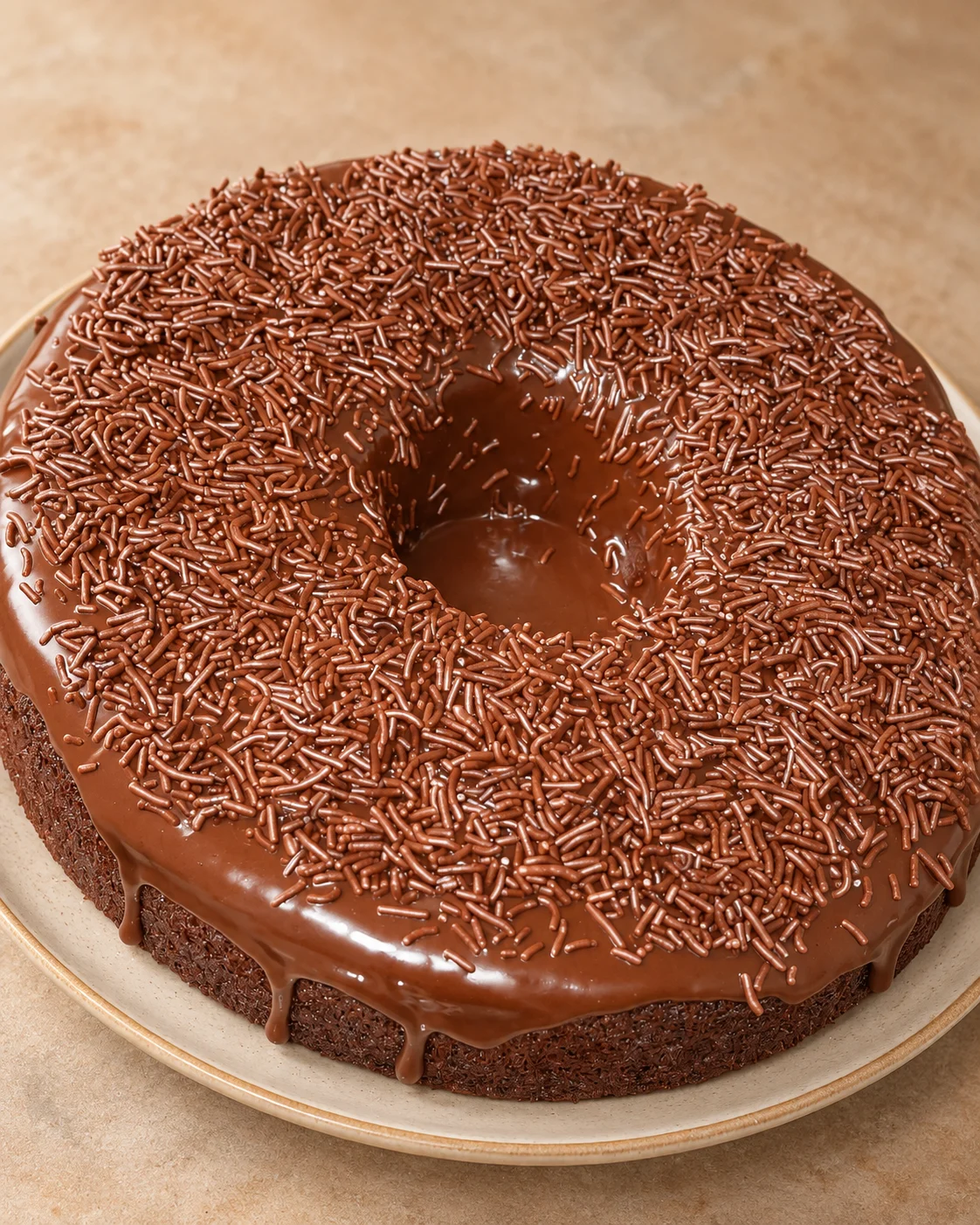 Versão editorial assistida por IA de bolo caseiro de chocolate com cobertura e granulado