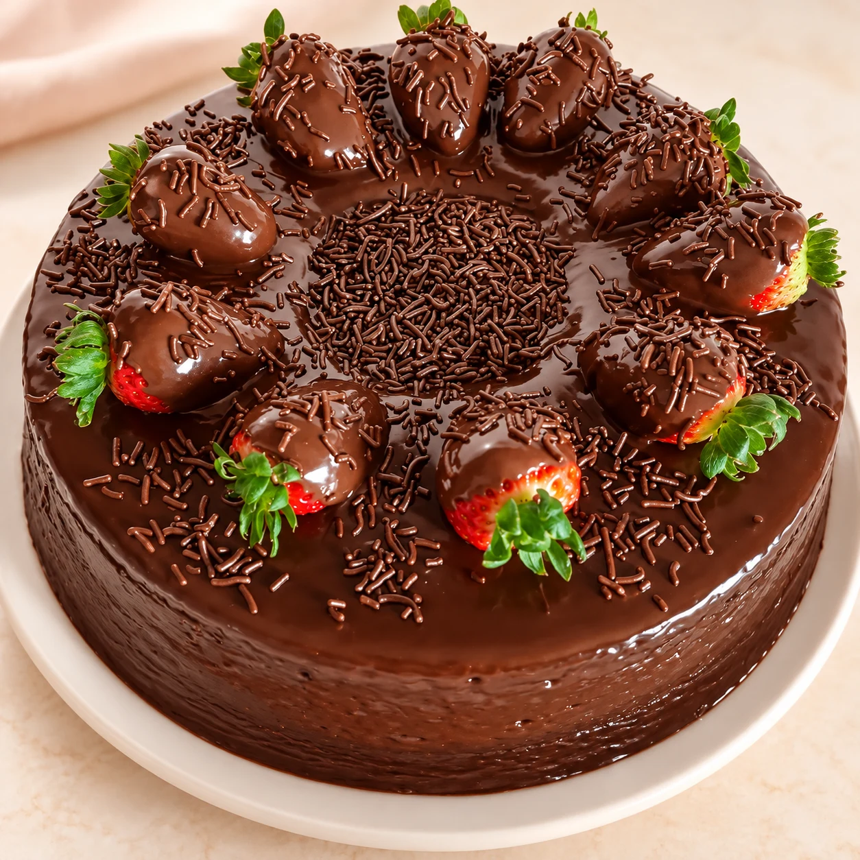 Edição editorial assistida por IA do bolo de chocolate com morangos, com luz quente e fundo claro