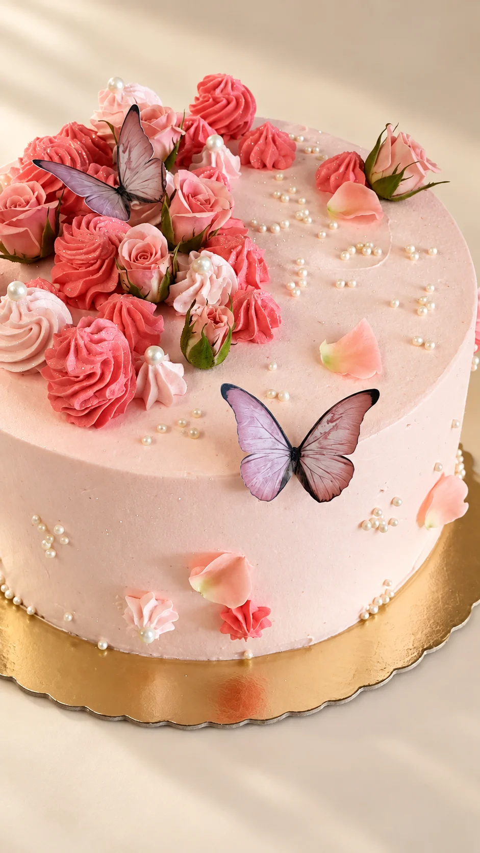 Versão editorial assistida por IA de bolo claro com flores rosas e borboletas, baseada em vídeo do perfil
