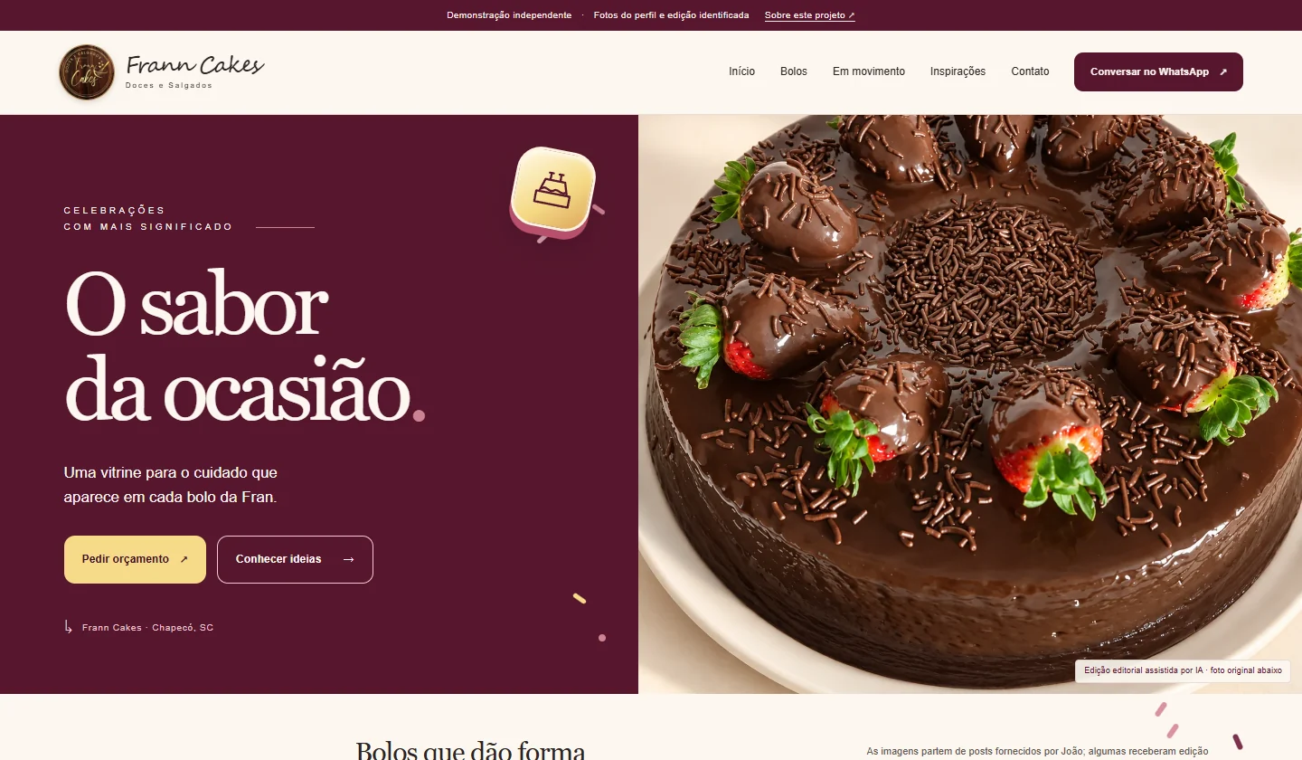 Captura da página demonstrativa da Frann Cakes
